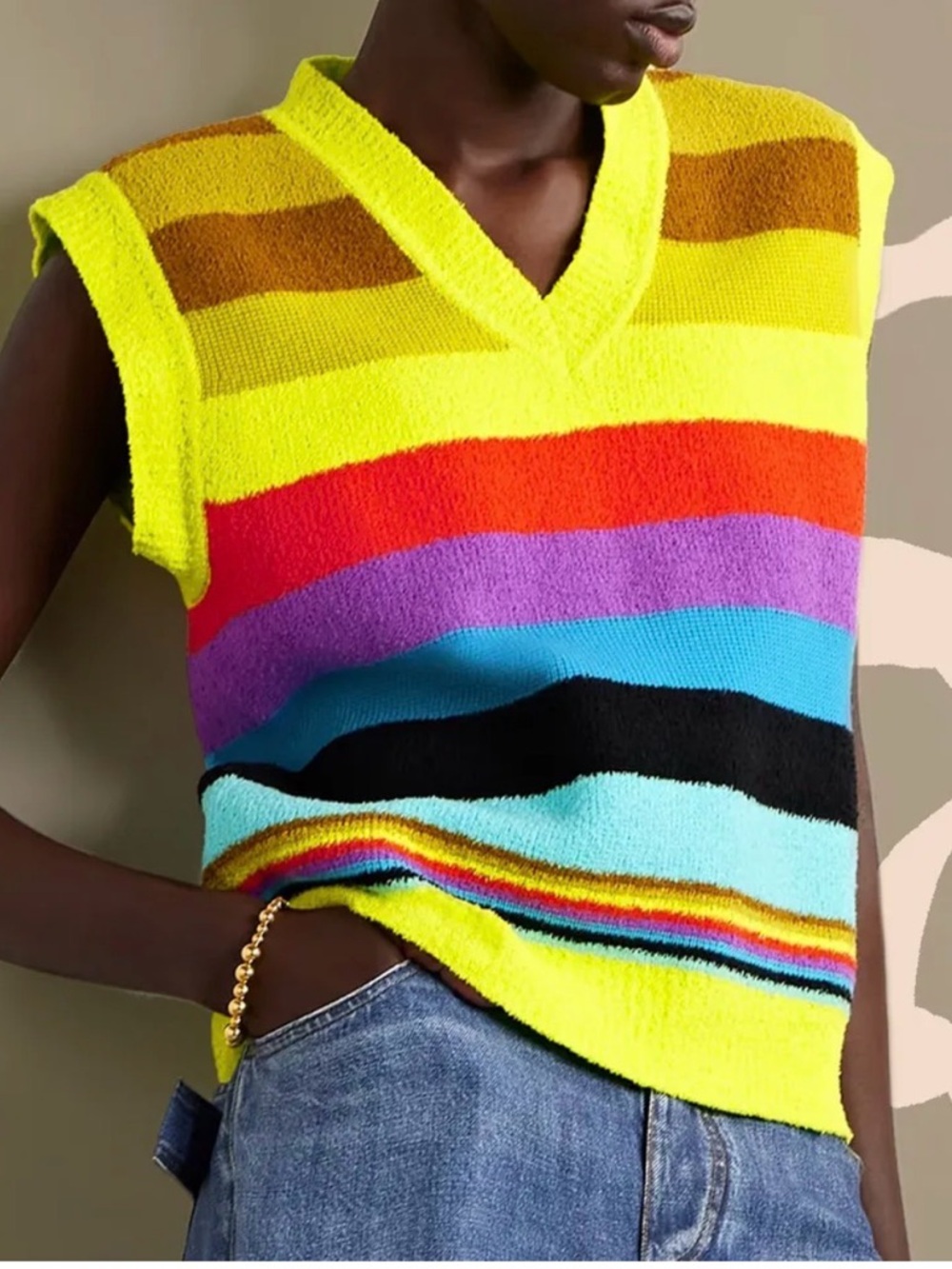 Christopher John Rogers Oversized Multi-Stripe V-Neck Knit Vest Size XS Like New